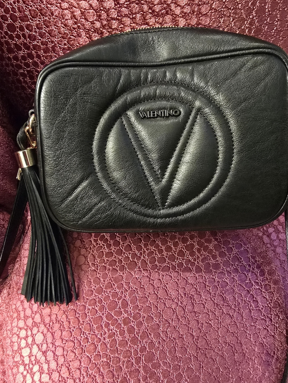 Valentino Black Leather V-Logo Crossbody with Tassel